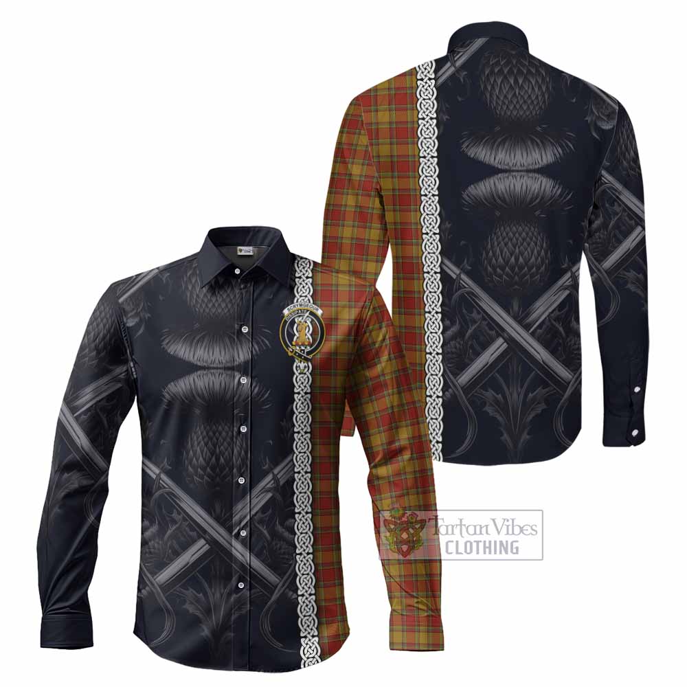 Tartan Vibes Clothing Scrymgeour Tartan Long Sleeve Button Shirt with Family Crest Cross Sword Thistle Celtic Vibes