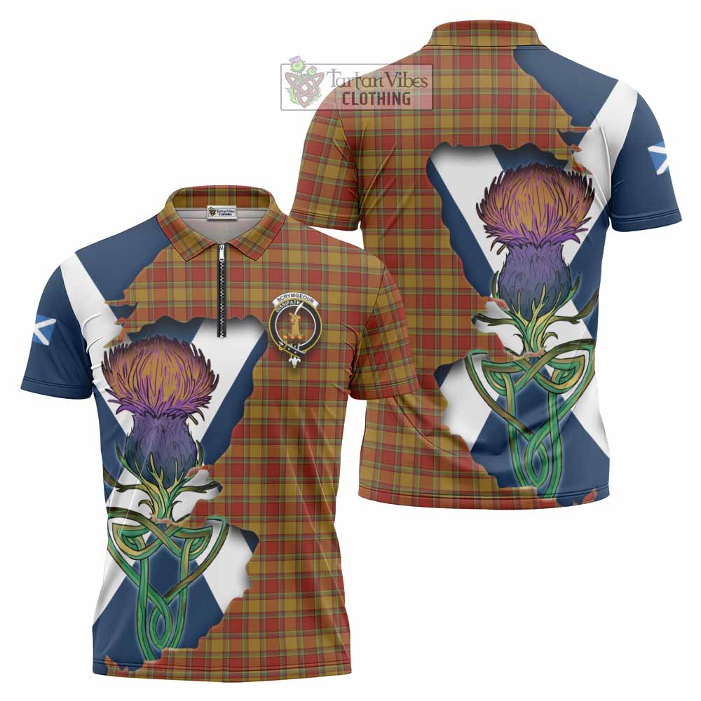 Tartan Vibes Clothing Scrymgeour Tartan Family Crest Zipper Polo Shirt Scottish Thistle Celtic Inspired