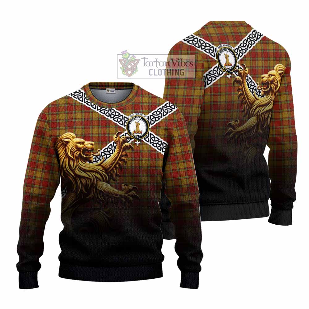 Scrymgeour Crest Tartan Knitted Sweater with Golden Lion Emblem Celtic Style - Tartan Vibes Clothing