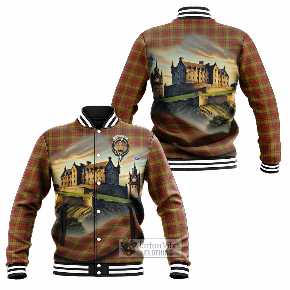 Scrymgeour Tartan Family Crest Baseball Jacket with Scottish Ancient Castle Style - Tartan Vibes Clothing