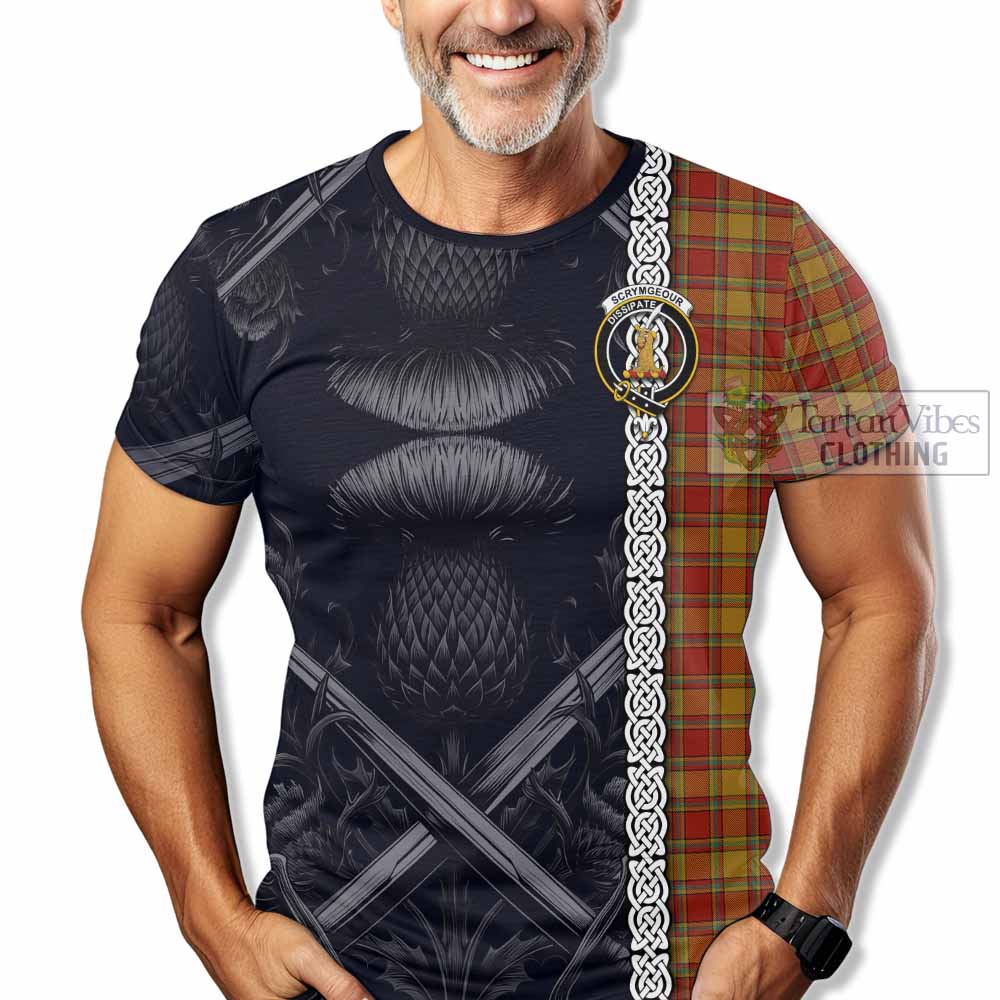 Scrymgeour Tartan T-Shirt with Family Crest Cross Sword Thistle Celtic Vibes - Tartan Vibes Clothing