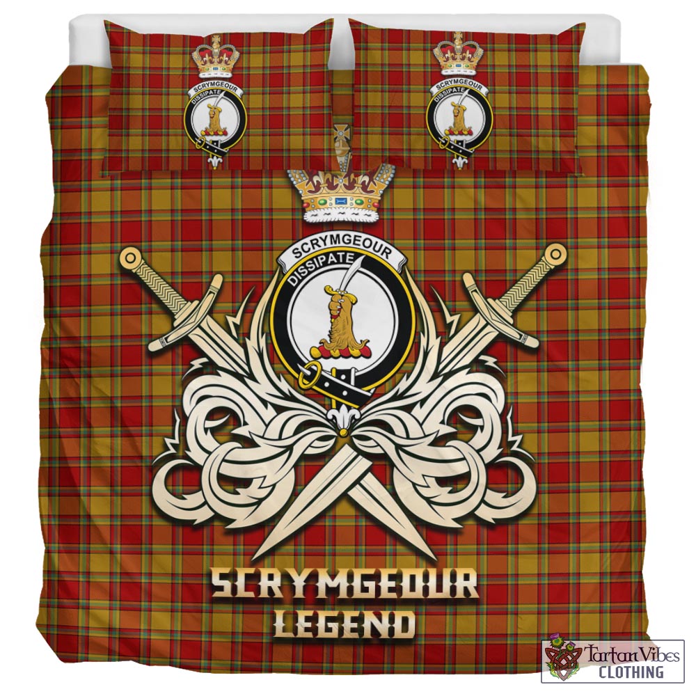 Tartan Vibes Clothing Scrymgeour Tartan Bedding Set with Clan Crest and the Golden Sword of Courageous Legacy