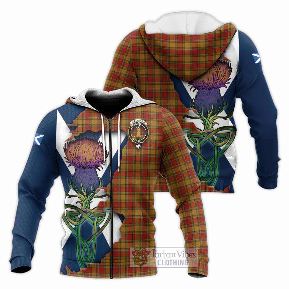 Tartan Vibes Clothing Scrymgeour Tartan Family Crest Knitted Hoodie Scottish Thistle Celtic Inspired
