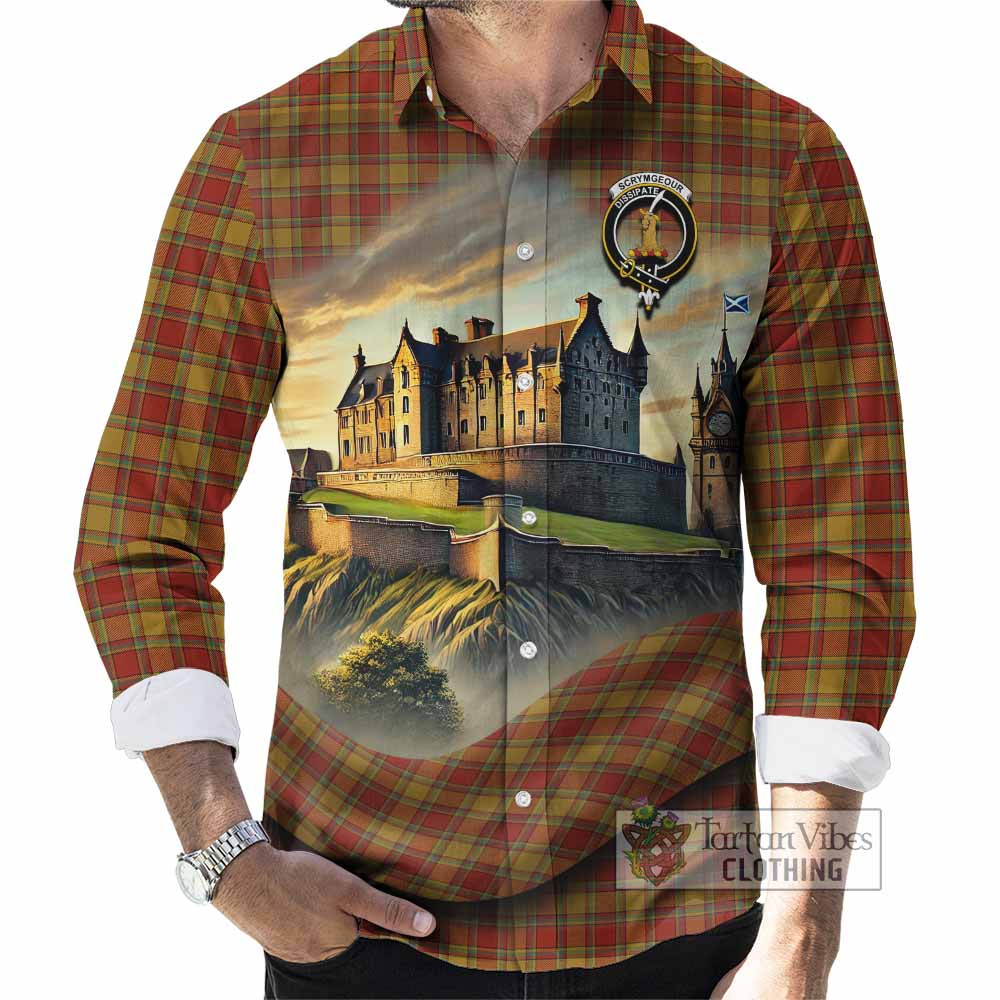 Tartan Vibes Clothing Scrymgeour Tartan Family Crest Long Sleeve Button Shirt with Scottish Ancient Castle Style