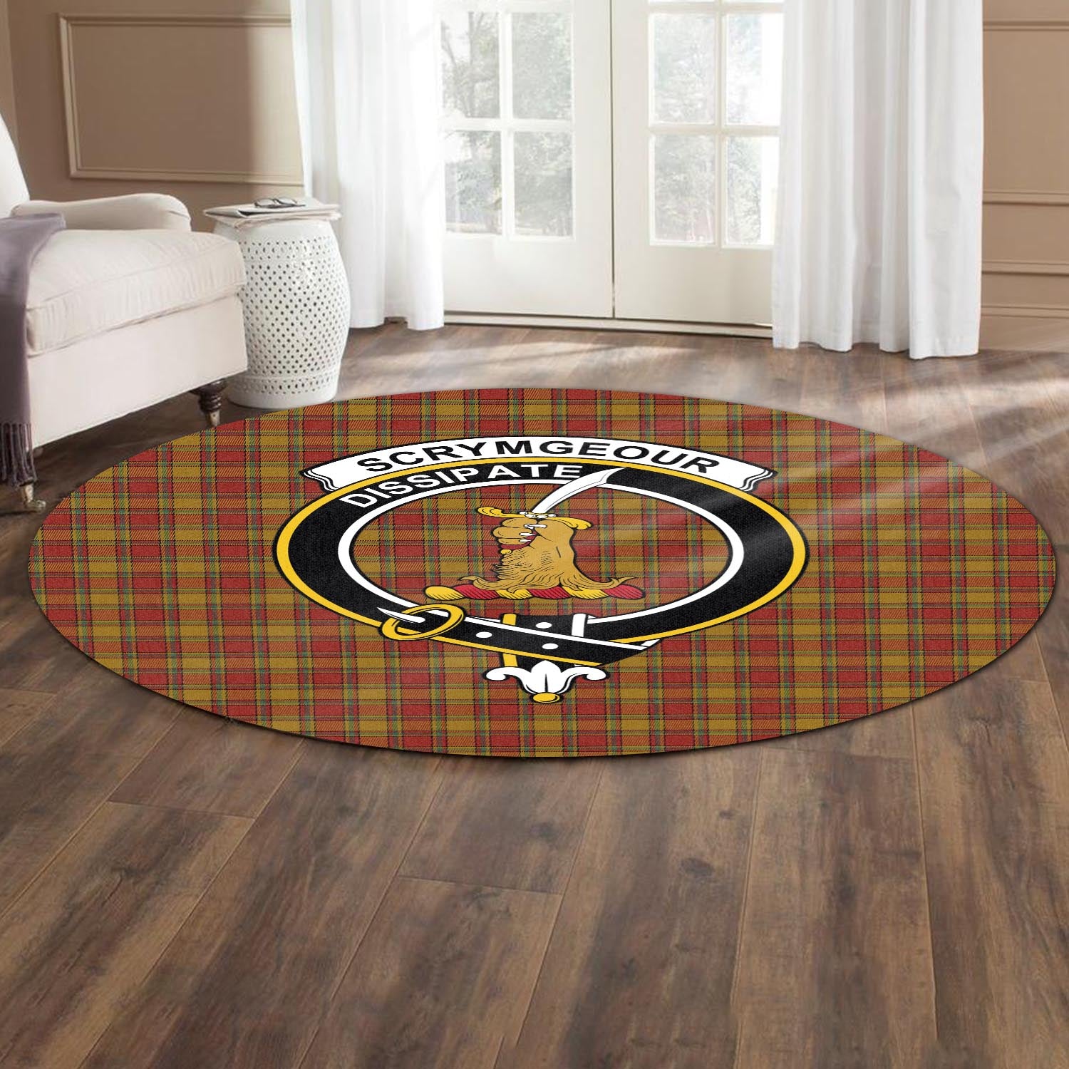 Scrymgeour Tartan Round Rug with Family Crest - Tartan Vibes Clothing