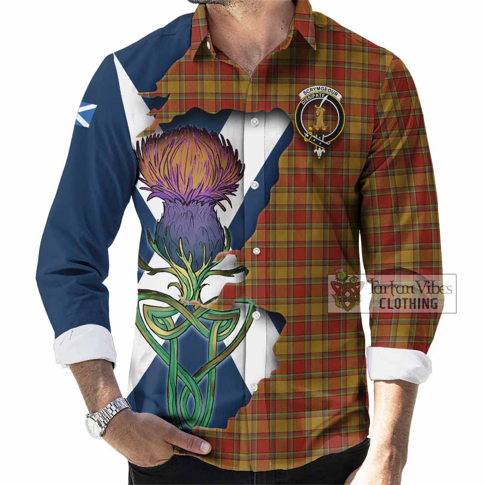 Tartan Vibes Clothing Scrymgeour Tartan Family Crest Long Sleeve Button Shirt Scottish Thistle Celtic Inspired