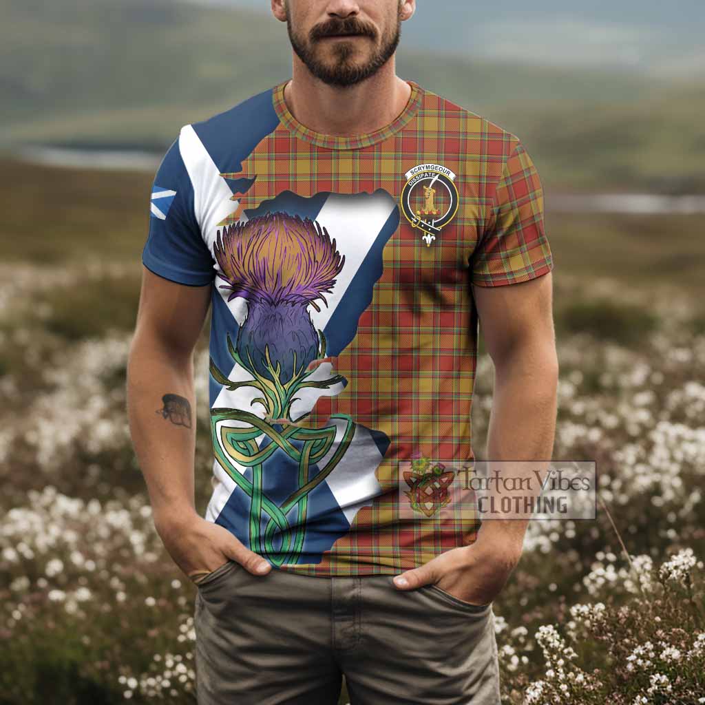 Tartan Vibes Clothing Scrymgeour Tartan Family Crest T-Shirt Scottish Thistle Celtic Inspired