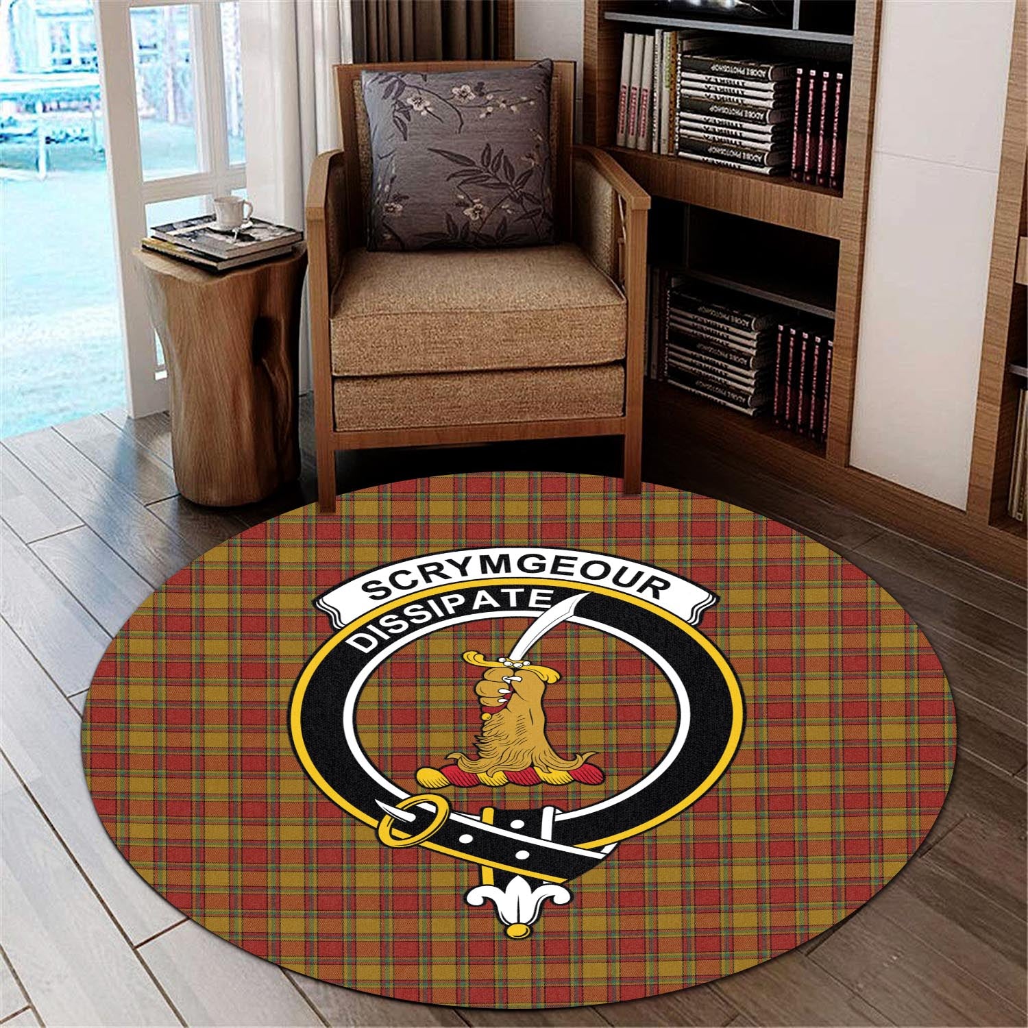 Scrymgeour Tartan Round Rug with Family Crest - Tartan Vibes Clothing