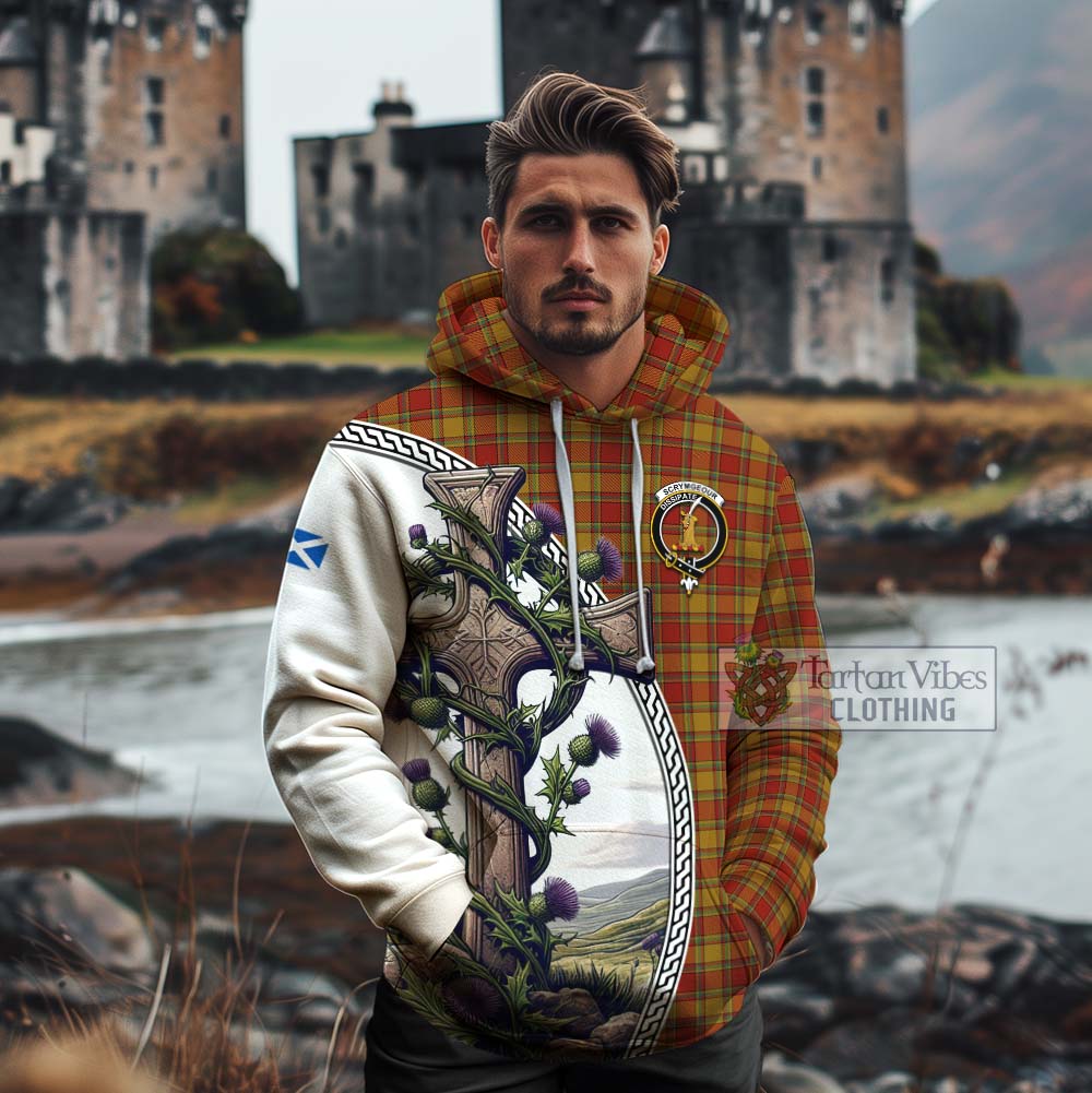 Tartan Vibes Clothing Scrymgeour Tartan Cotton Hoodie with Family Crest and St. Andrew's Cross Accented by Thistle Vines