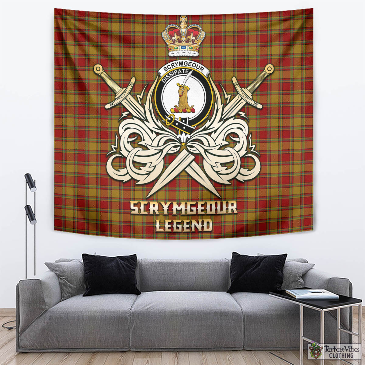 Tartan Vibes Clothing Scrymgeour Tartan Tapestry with Clan Crest and the Golden Sword of Courageous Legacy