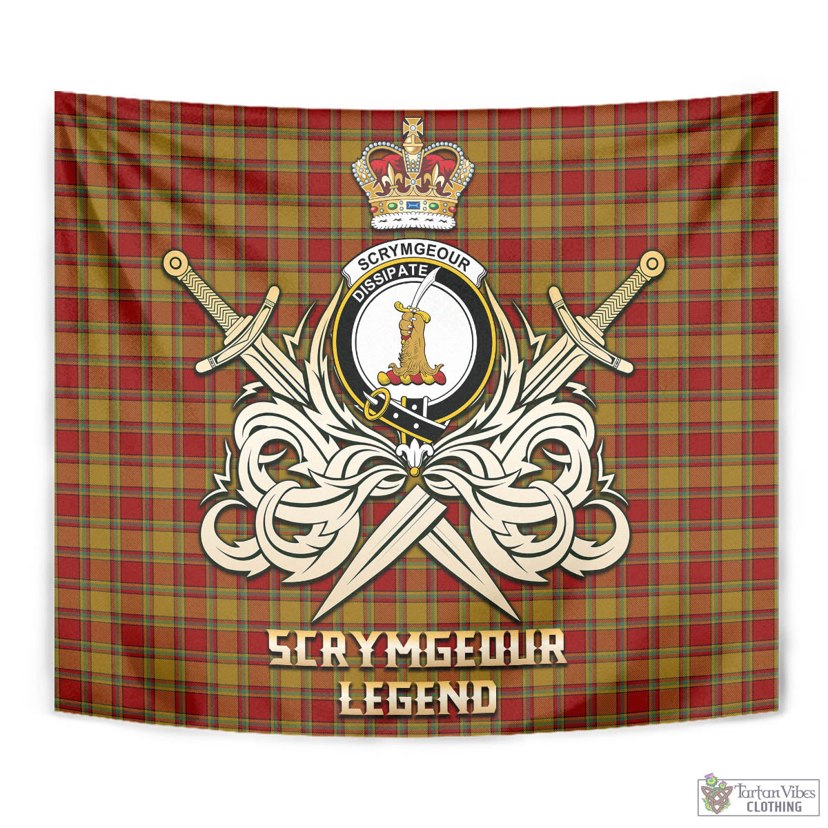 Tartan Vibes Clothing Scrymgeour Tartan Tapestry with Clan Crest and the Golden Sword of Courageous Legacy