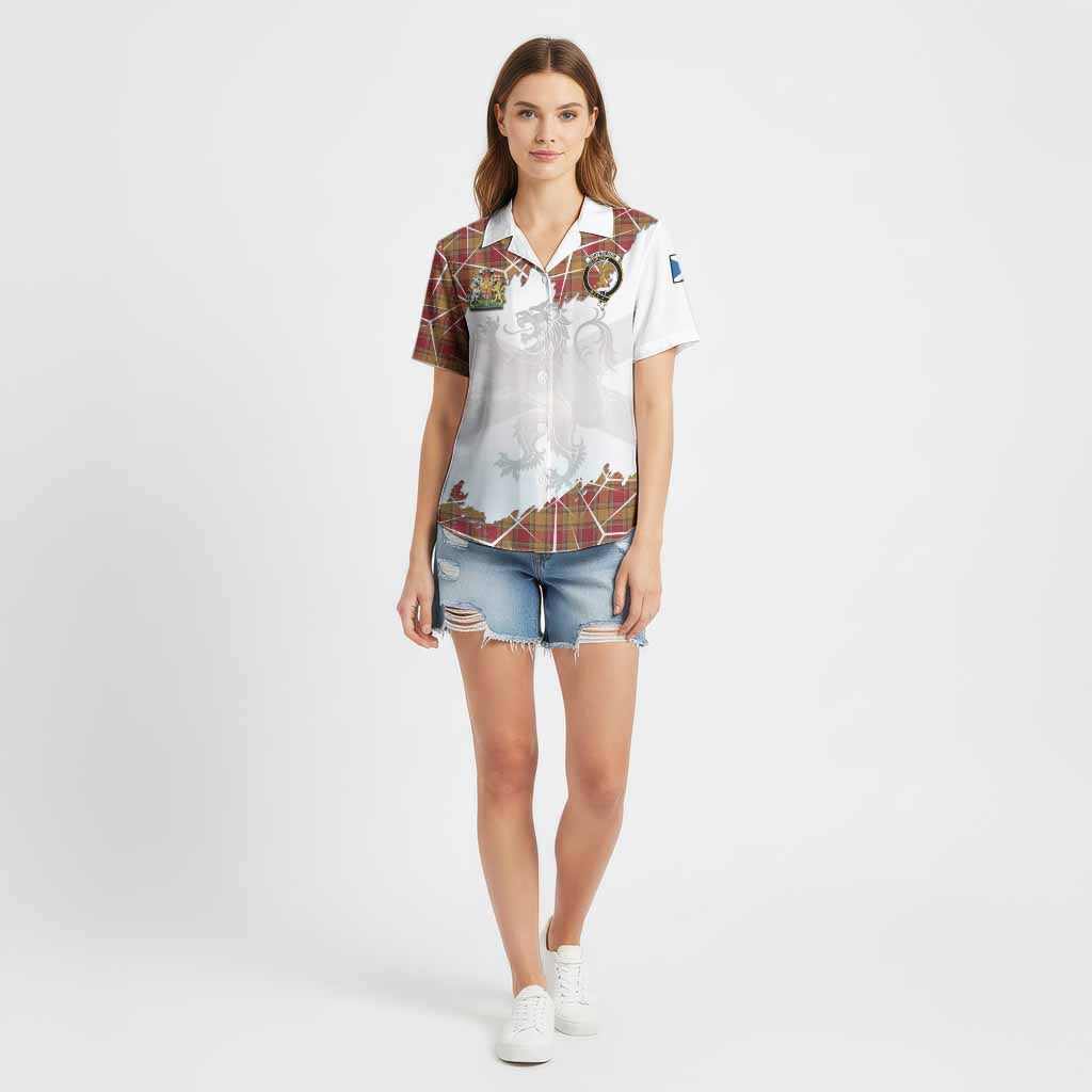 Scrymgeour Tartan Cotton Hawaiian Shirt with Family Crest and Lion Rampant Grunge Style