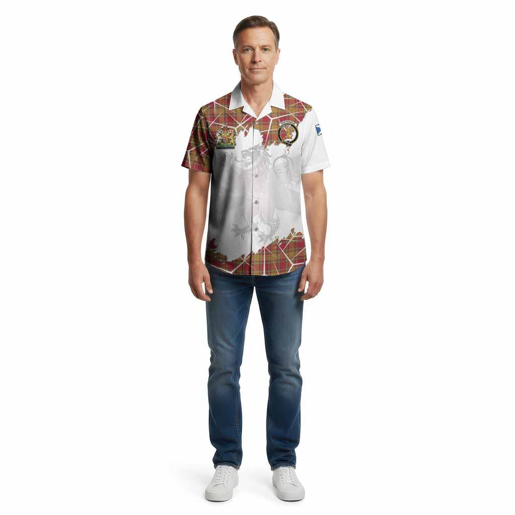 Scrymgeour Tartan Cotton Hawaiian Shirt with Family Crest and Lion Rampant Grunge Style