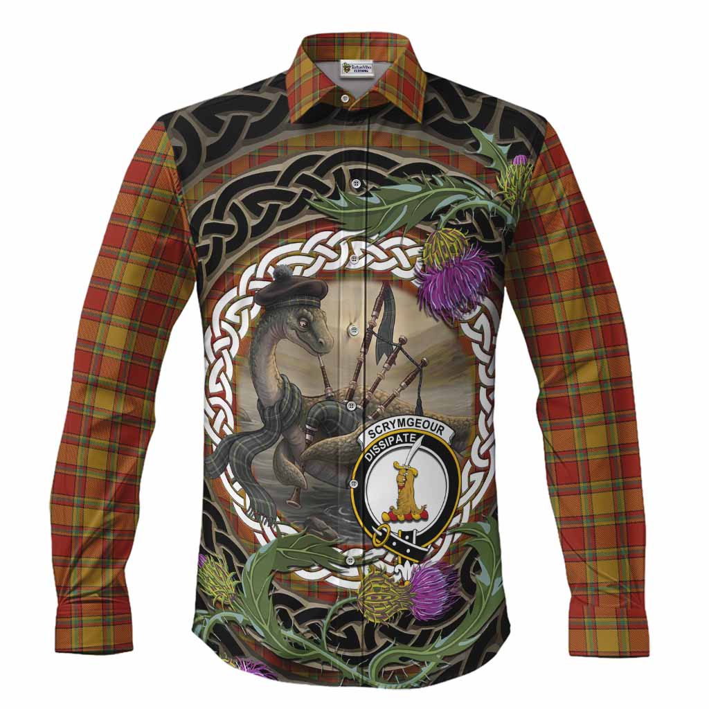 Scrymgeour Tartan Crest Bagpipe Nessie Long Sleeve Button Shirts Scottish Loch Ness Monster Celtic Thistle