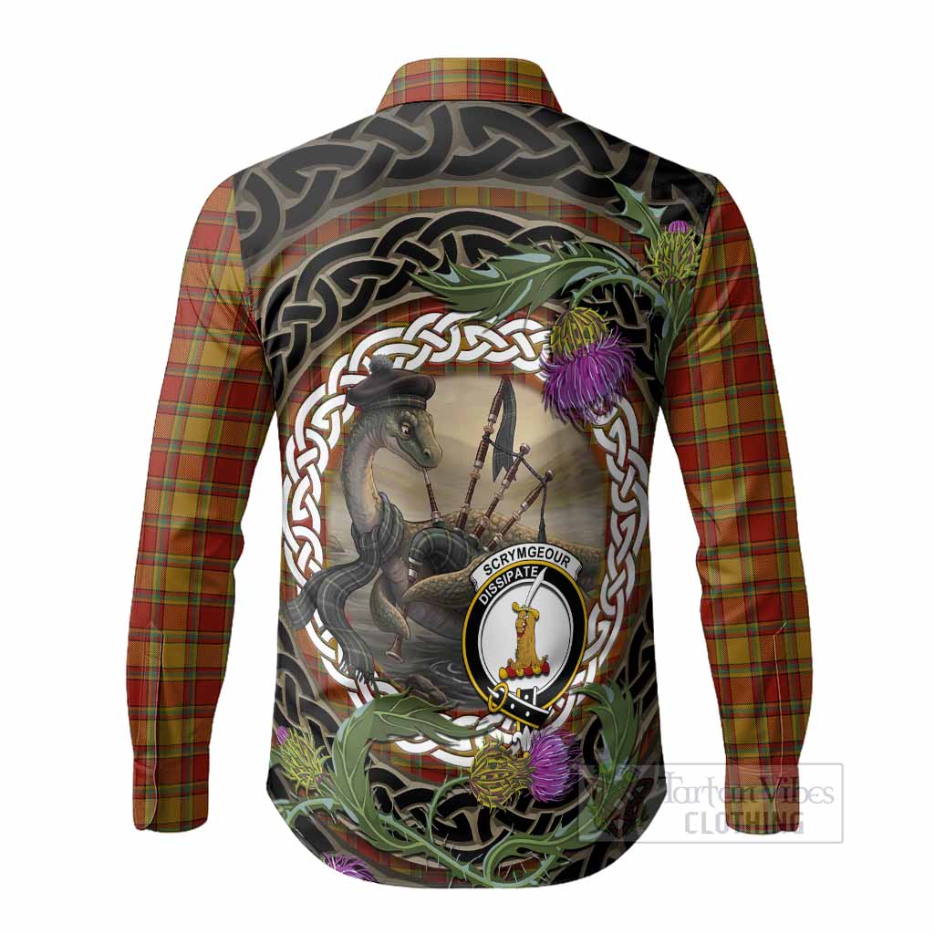 Scrymgeour Tartan Crest Bagpipe Nessie Long Sleeve Button Shirts Scottish Loch Ness Monster Celtic Thistle