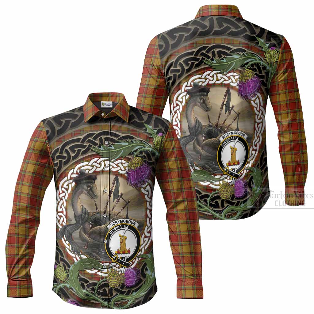 Scrymgeour Tartan Crest Bagpipe Nessie Long Sleeve Button Shirts Scottish Loch Ness Monster Celtic Thistle