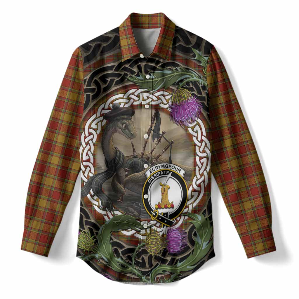 Scrymgeour Tartan Crest Bagpipe Nessie Women Casual Shirt Scottish Loch Ness Monster Celtic Thistle