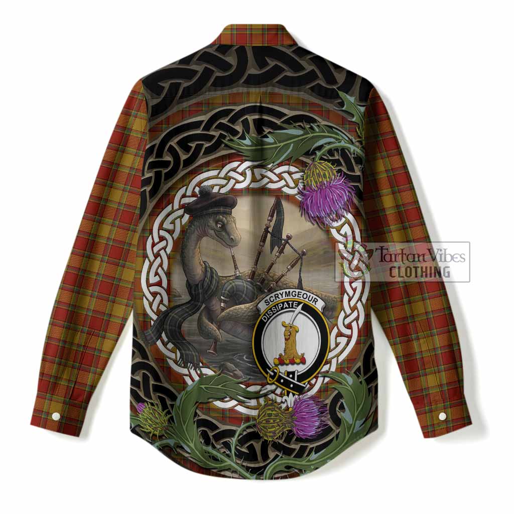 Scrymgeour Tartan Crest Bagpipe Nessie Women Casual Shirt Scottish Loch Ness Monster Celtic Thistle