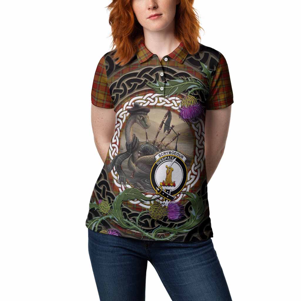 Scrymgeour Tartan Crest Bagpipe Nessie Women Polo Shirt Scottish Loch Ness Monster Celtic Thistle