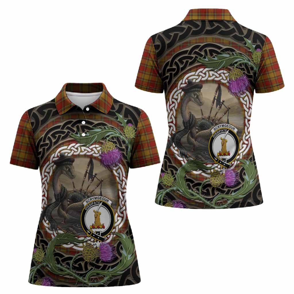 Scrymgeour Tartan Crest Bagpipe Nessie Women Polo Shirt Scottish Loch Ness Monster Celtic Thistle