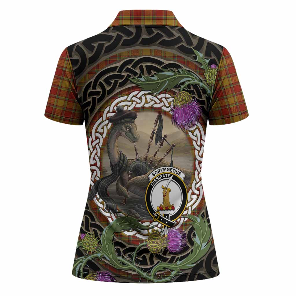 Scrymgeour Tartan Crest Bagpipe Nessie Women Polo Shirt Scottish Loch Ness Monster Celtic Thistle