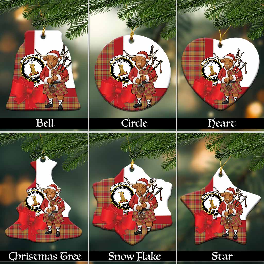 Scrymgeour Tartan Crest Christmas Ceramic Ornament Highland Cow Bagpipes Coquette Bow Style