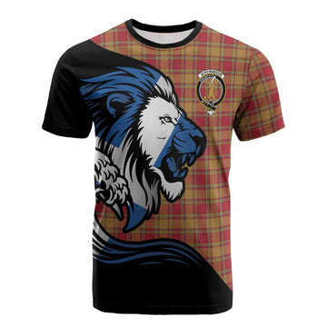 Scrymgeour Tartan Crest Cotton T-shirt Scottish Golden Lions Wave Flow