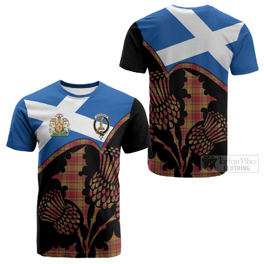 Scrymgeour Tartan Family Crest Cotton T-shirt Scotland Thistle Floral Flag Style