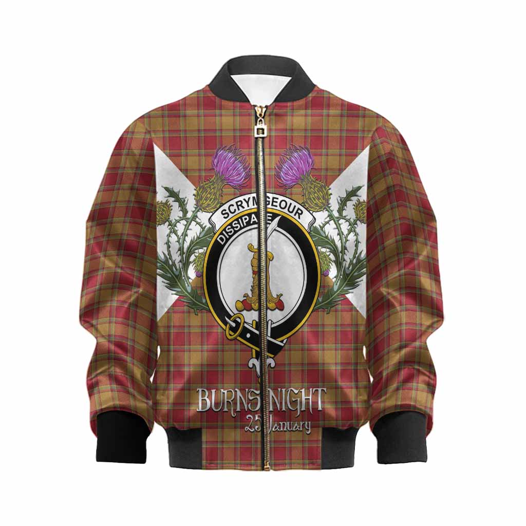 Scrymgeour Tartan Family Crest Kid Bomber Jacket Scottish Burns Night Thistle Floral