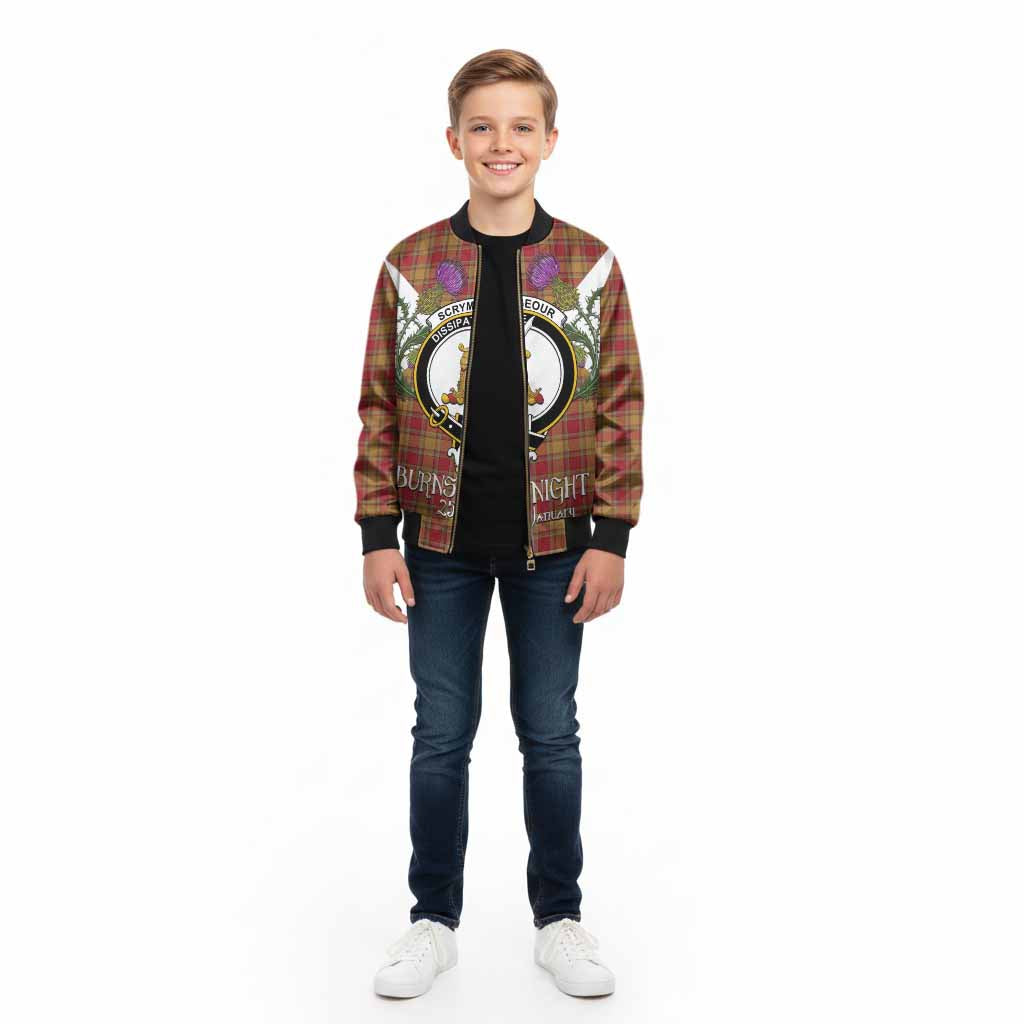 Scrymgeour Tartan Family Crest Kid Bomber Jacket Scottish Burns Night Thistle Floral
