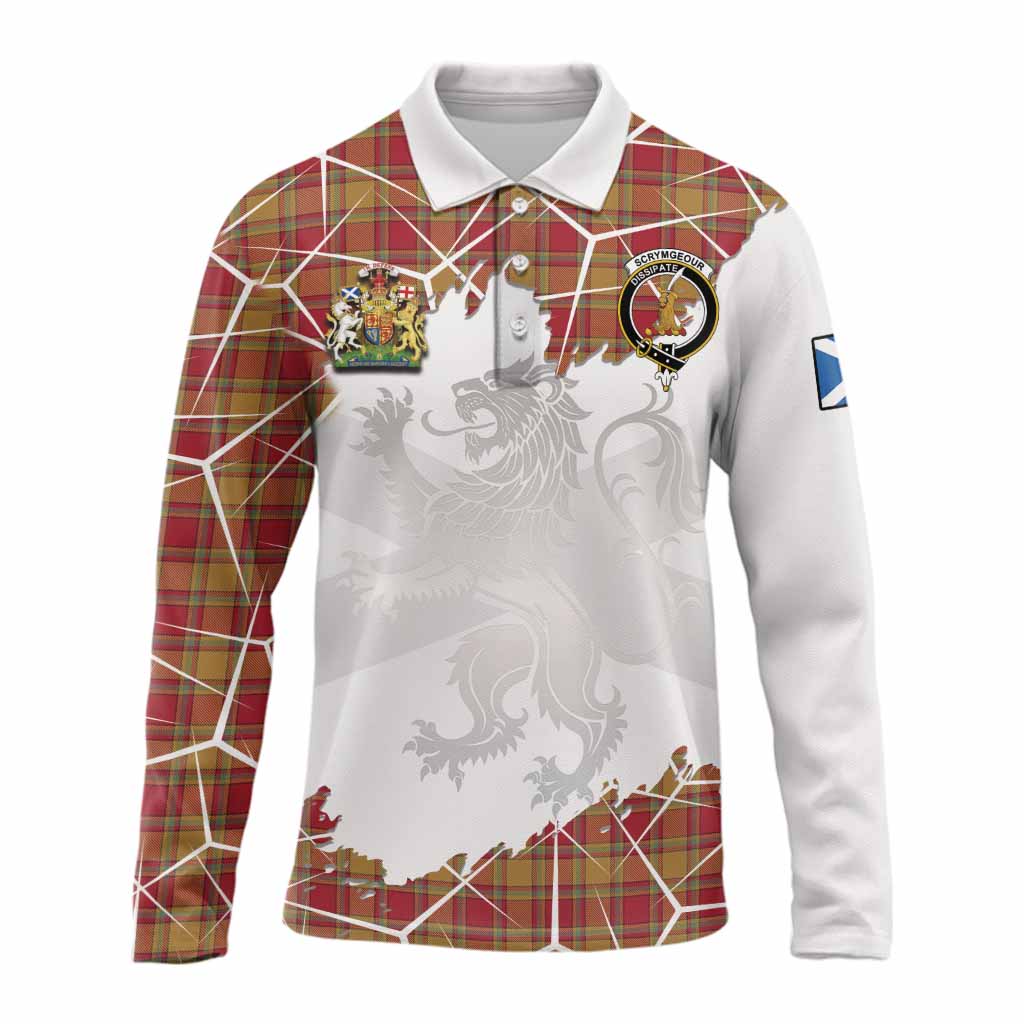 Scrymgeour Tartan Long Sleeve Polo Shirt with Family Crest and Lion Rampant Grunge Style