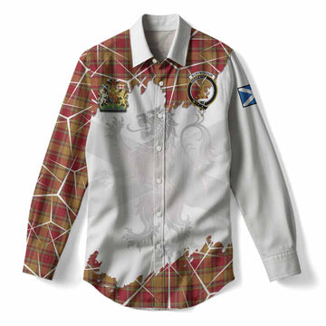 Scrymgeour Tartan Women Casual Shirt with Family Crest and Lion Rampant Grunge Style