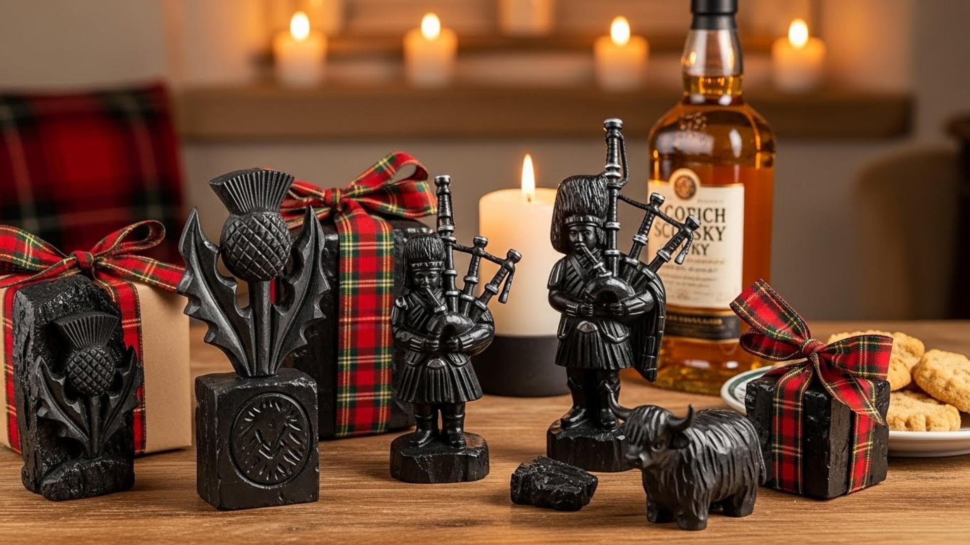 Sculpted coal ornaments featuring Scottish symbols such as bagpipers and thistles, set beside whisky and festive candles.