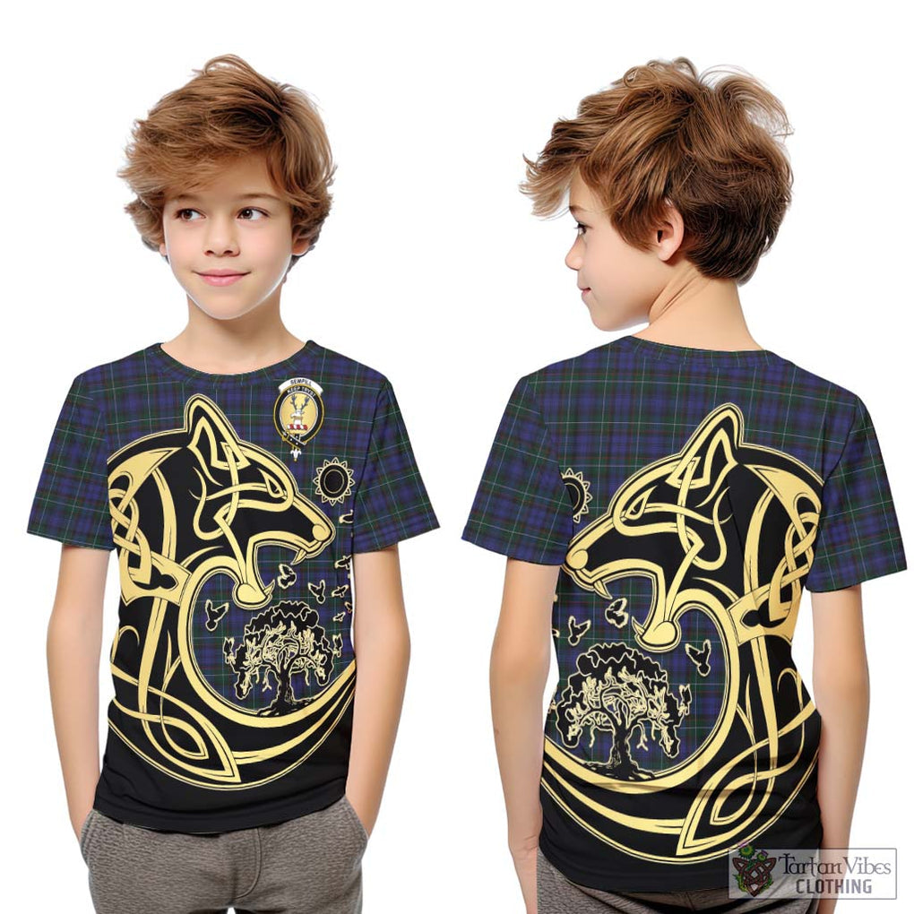 Sempill (Semple) Tartan Kid T-Shirt with Family Crest Celtic Wolf Style Youth XL Size14 - Tartan Vibes Clothing