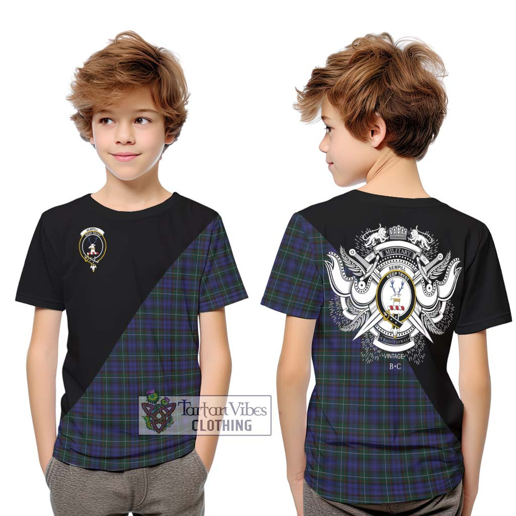 Sempill (Semple) Tartan Kid T-Shirt with Family Crest and Military Logo Style Youth XL Size14 - Tartanvibesclothing Shop