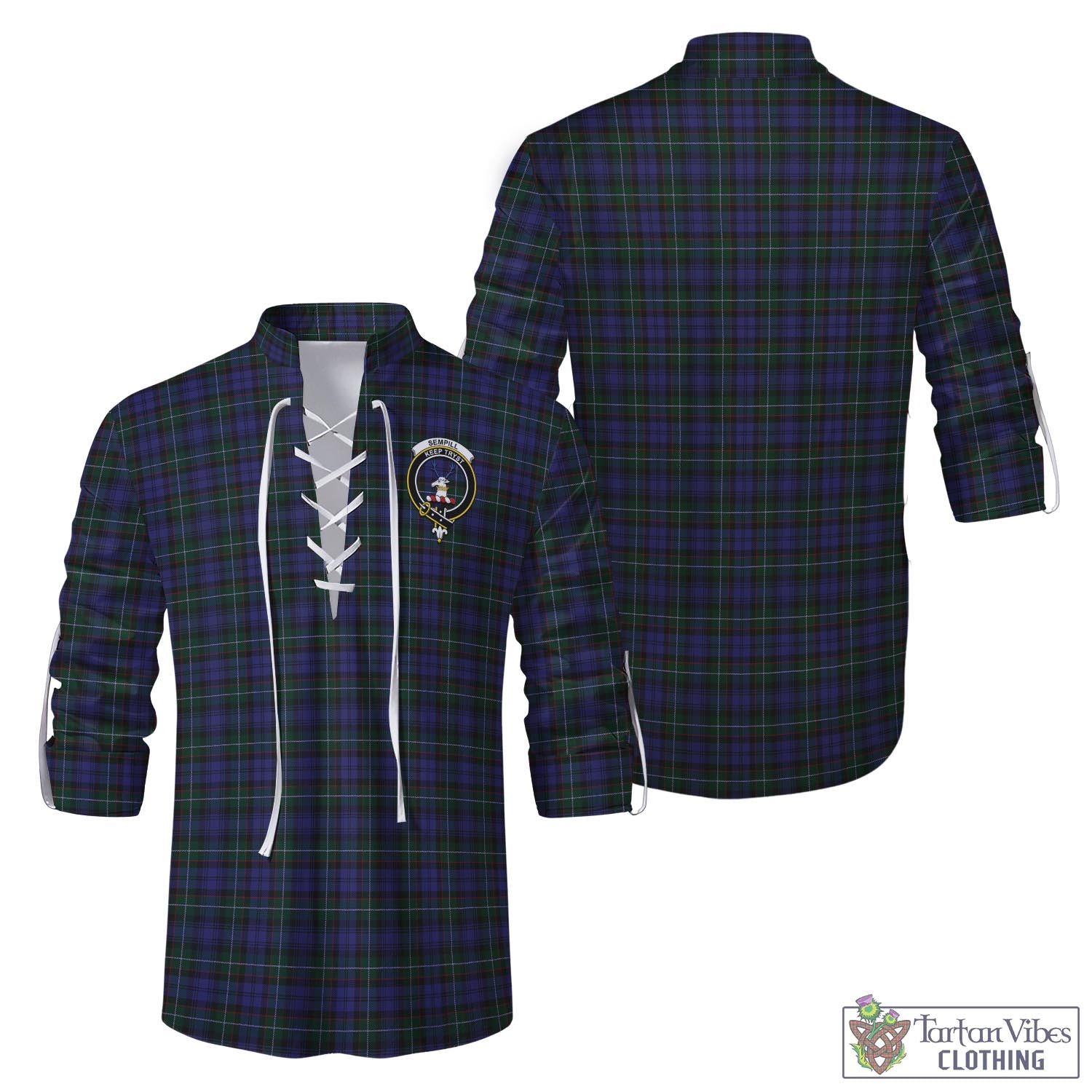 Tartan Vibes Clothing Sempill Tartan Men's Scottish Traditional Jacobite Ghillie Kilt Shirt with Family Crest