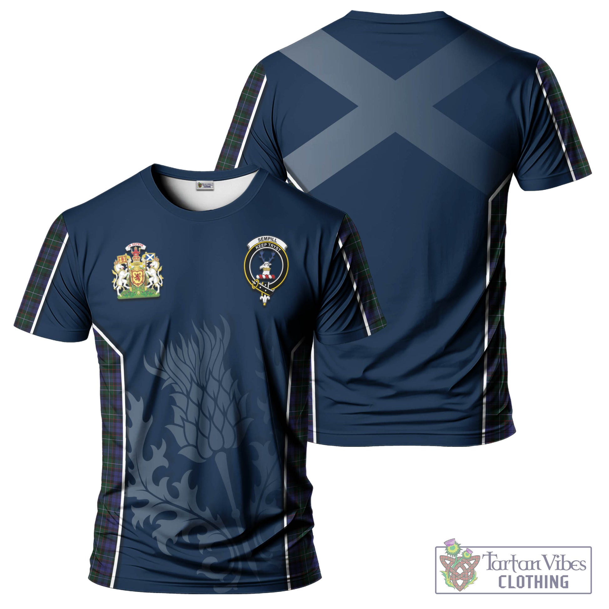Tartan Vibes Clothing Sempill Tartan T-Shirt with Family Crest and Scottish Thistle Vibes Sport Style
