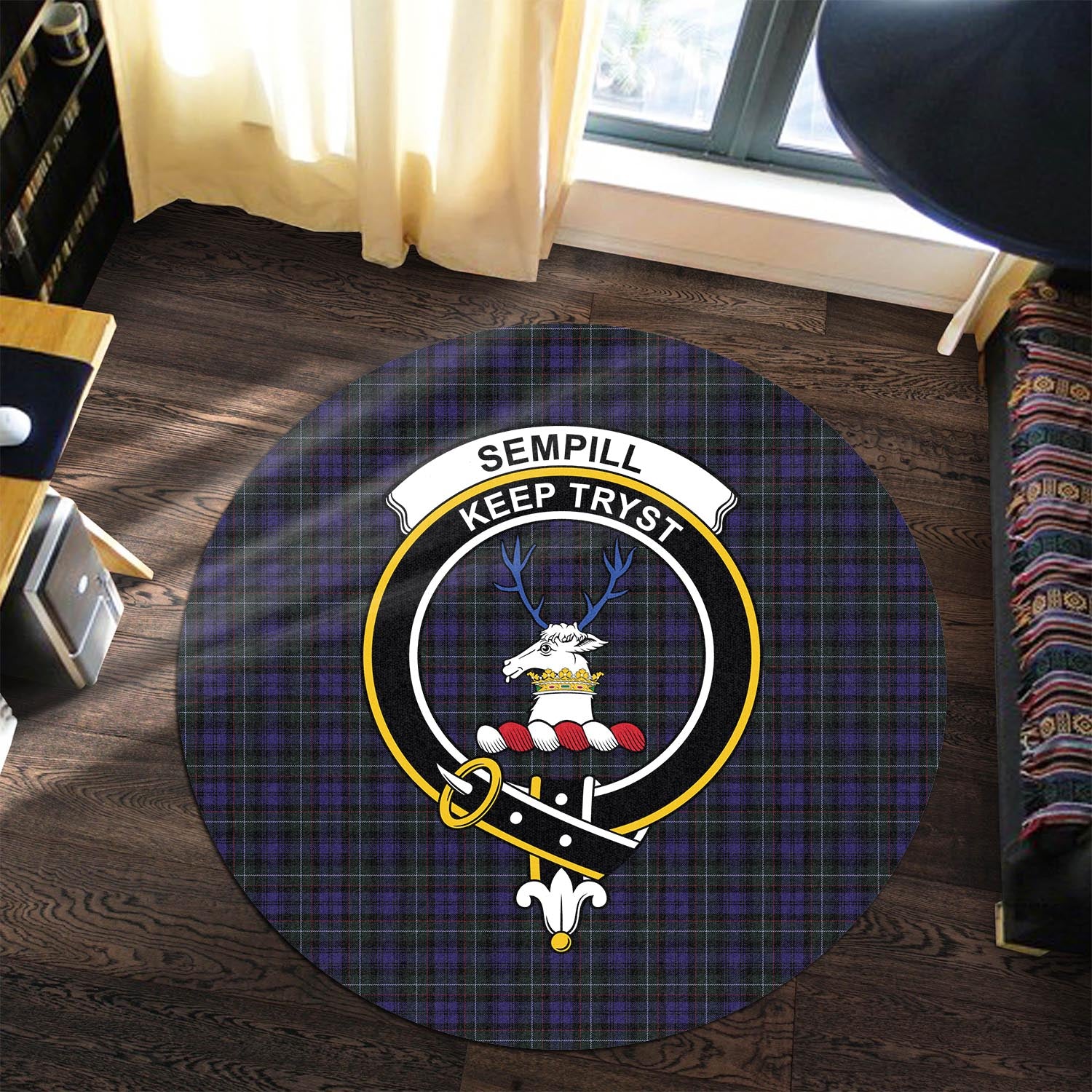 sempill-tartan-round-rug-with-family-crest