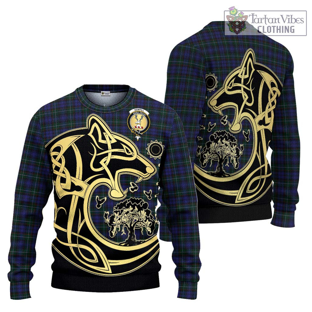 Sempill (Semple) Tartan Knitted Sweater with Family Crest Celtic Wolf Style Unisex - Tartan Vibes Clothing