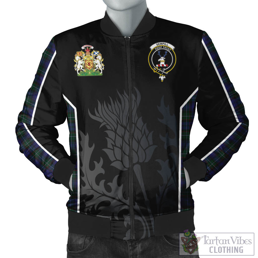 Tartan Vibes Clothing Sempill Tartan Bomber Jacket with Family Crest and Scottish Thistle Vibes Sport Style