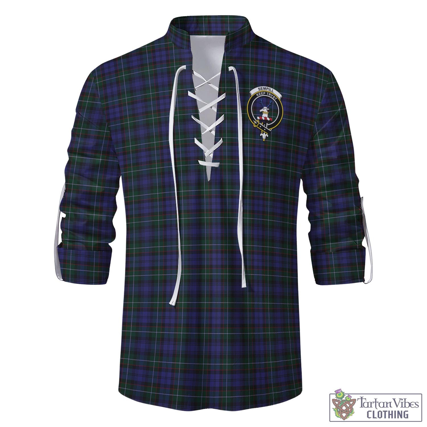 Tartan Vibes Clothing Sempill Tartan Men's Scottish Traditional Jacobite Ghillie Kilt Shirt with Family Crest
