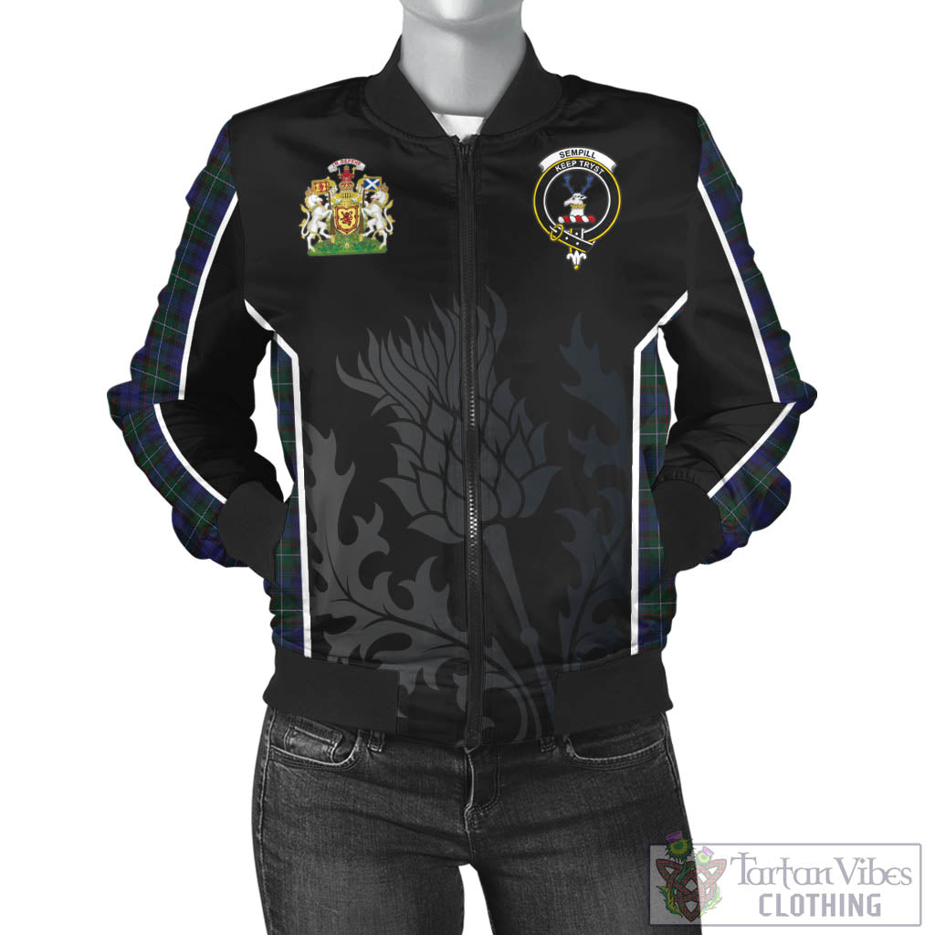 Tartan Vibes Clothing Sempill Tartan Bomber Jacket with Family Crest and Scottish Thistle Vibes Sport Style