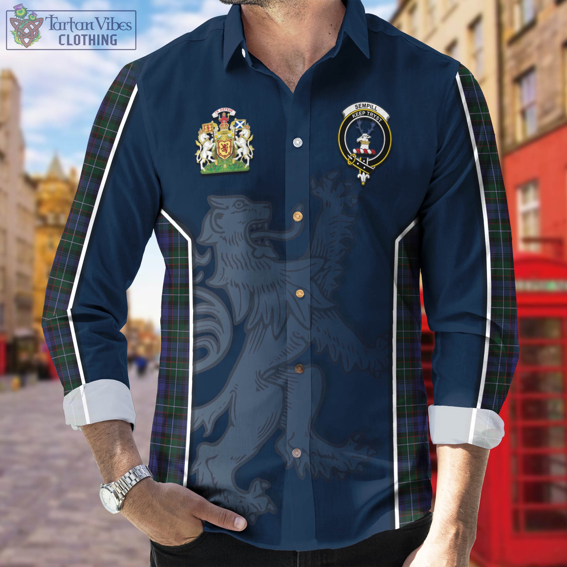 Sempill Tartan Long Sleeve Button Up Shirt with Family Crest and Lion Rampant Vibes Sport Style