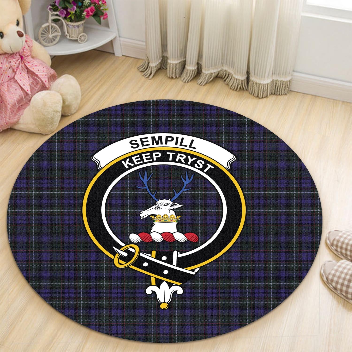 sempill-tartan-round-rug-with-family-crest
