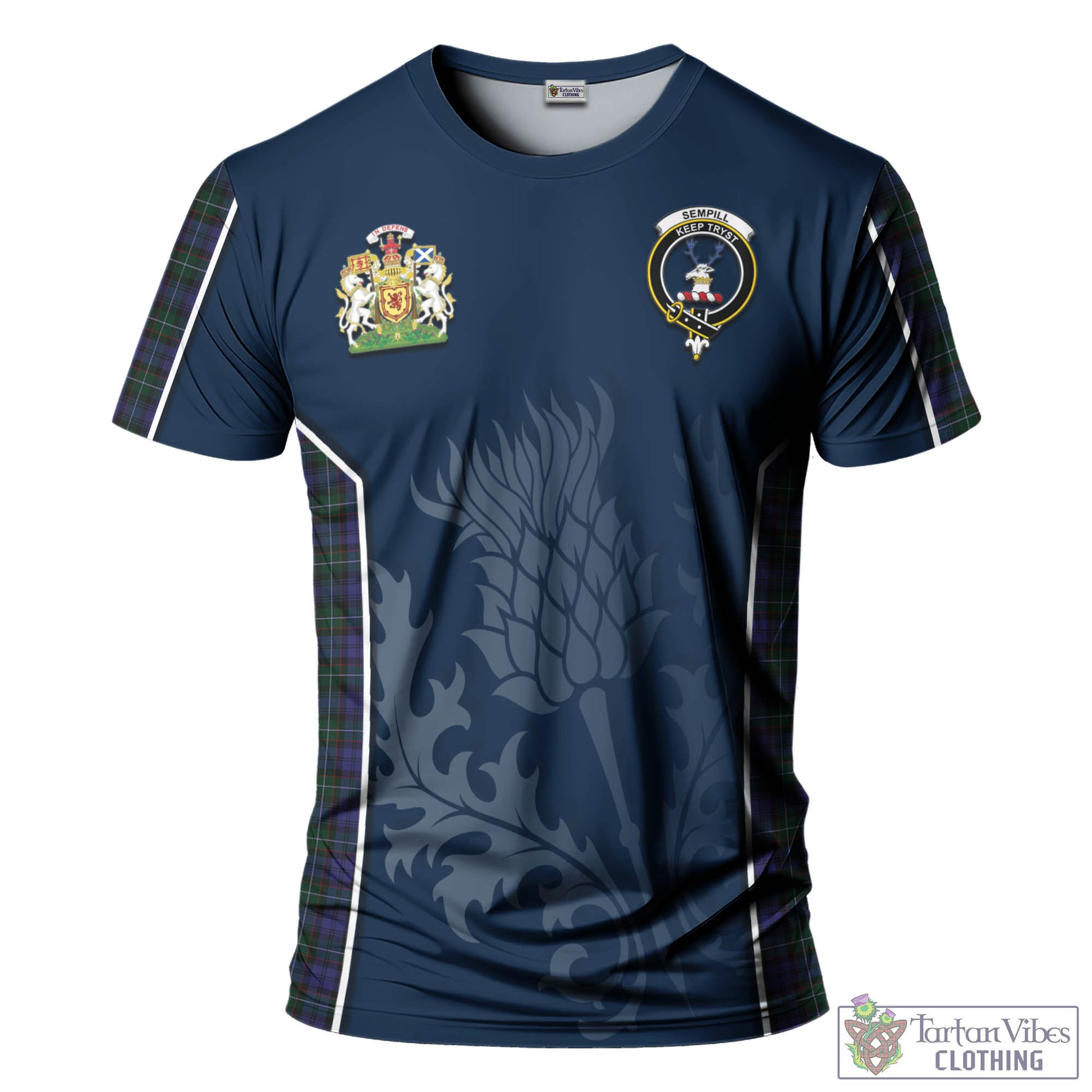 Tartan Vibes Clothing Sempill Tartan T-Shirt with Family Crest and Scottish Thistle Vibes Sport Style