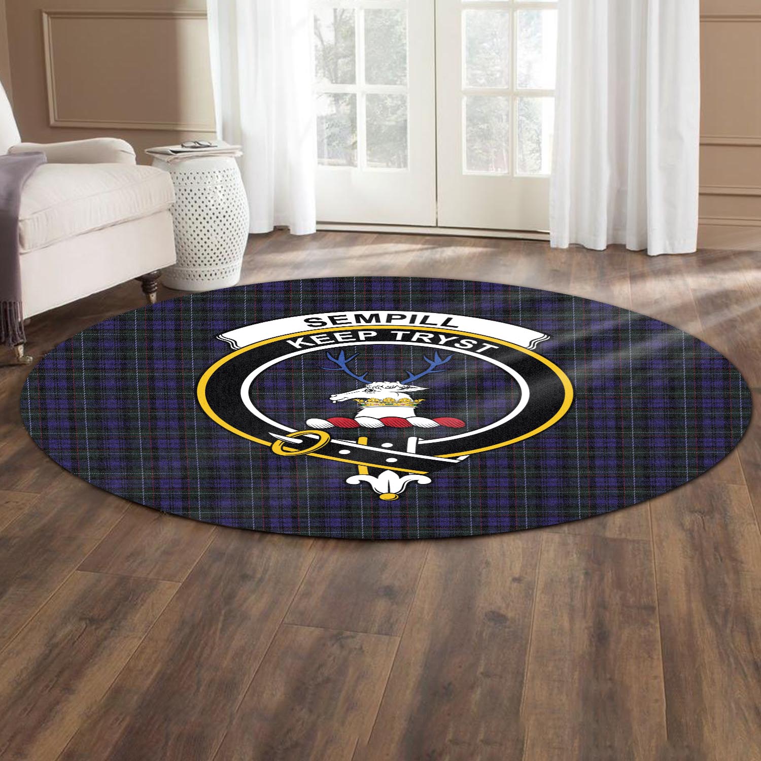 sempill-tartan-round-rug-with-family-crest
