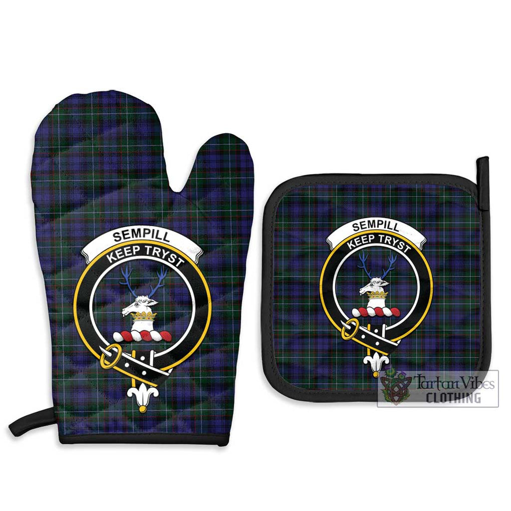 Sempill (Semple) Tartan Combo Oven Mitt & Pot-Holder with Family Crest Combo 1 Oven Mitt & 2 Pot-Holder Black - Tartan Vibes Clothing