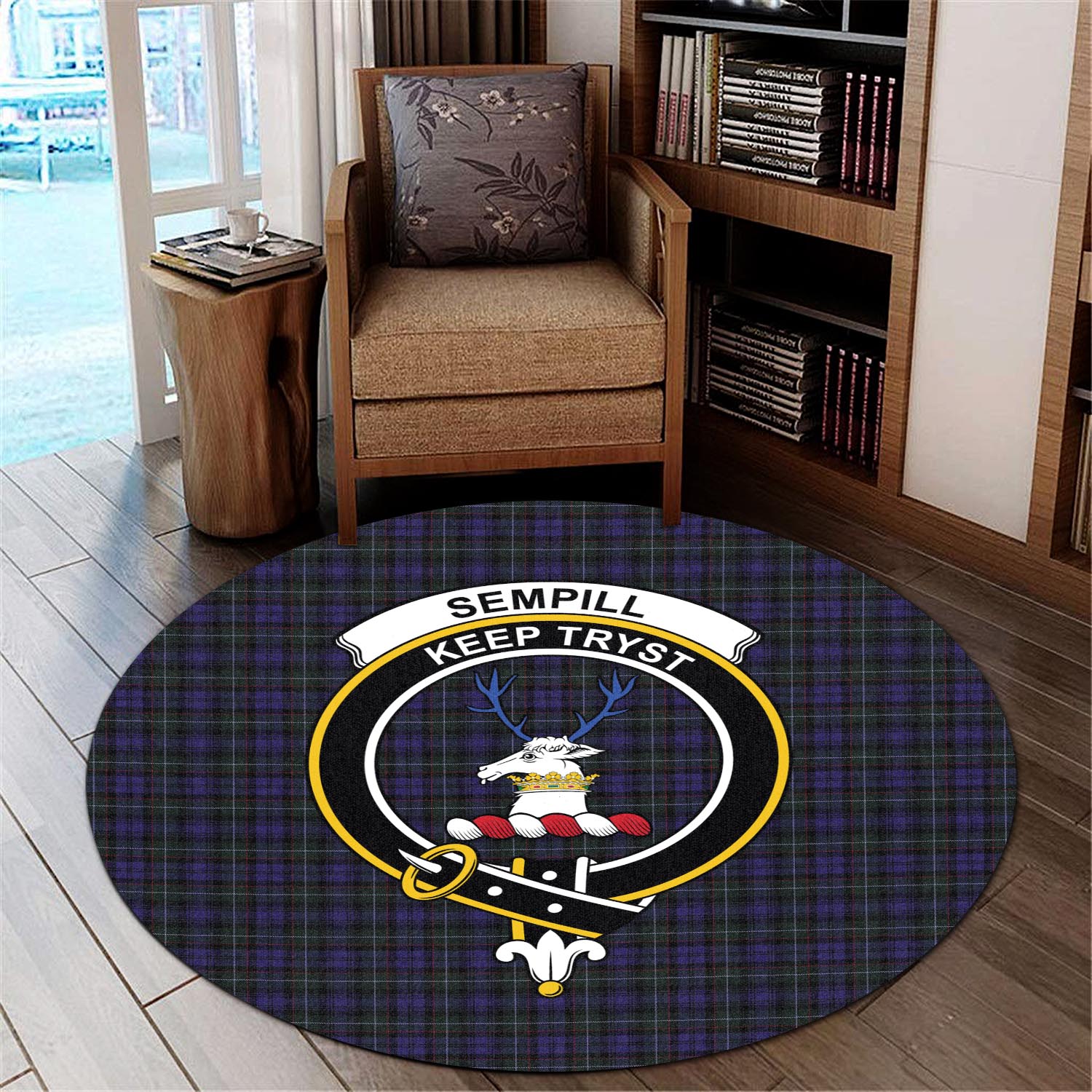 sempill-tartan-round-rug-with-family-crest