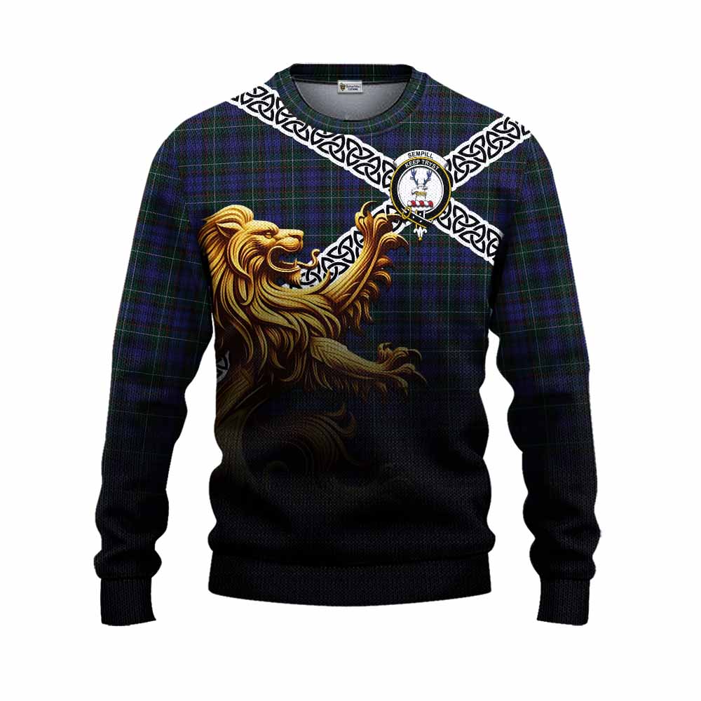 Tartan Vibes Clothing Sempill (Semple) Crest Tartan Knitted Sweater with Golden Lion Emblem Celtic Style