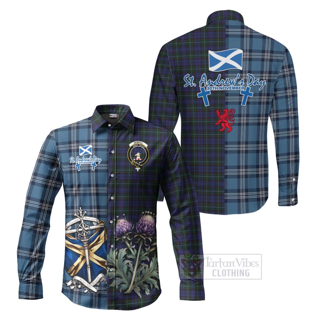 Tartan Vibes Clothing Sempill (Semple) Tartan Long Sleeve Button Shirt Happy St. Andrew's Day Half Tartan Style
